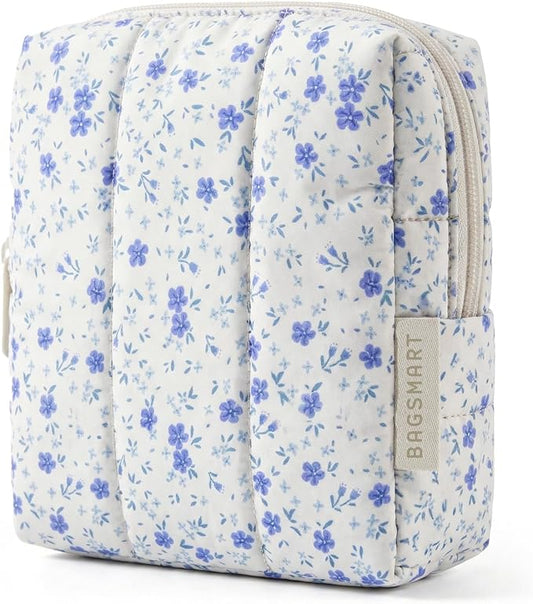 BAGSMART Small Travel Makeup Bag for Purse Toiletry Pouch, Puffy Padded Mini Cosmetics Bag, Cute Make Up Pouch for Women with Slip-in Pocket, Travel Essentials for Toiletries, Blue Ditsy Floral by BAGSMART