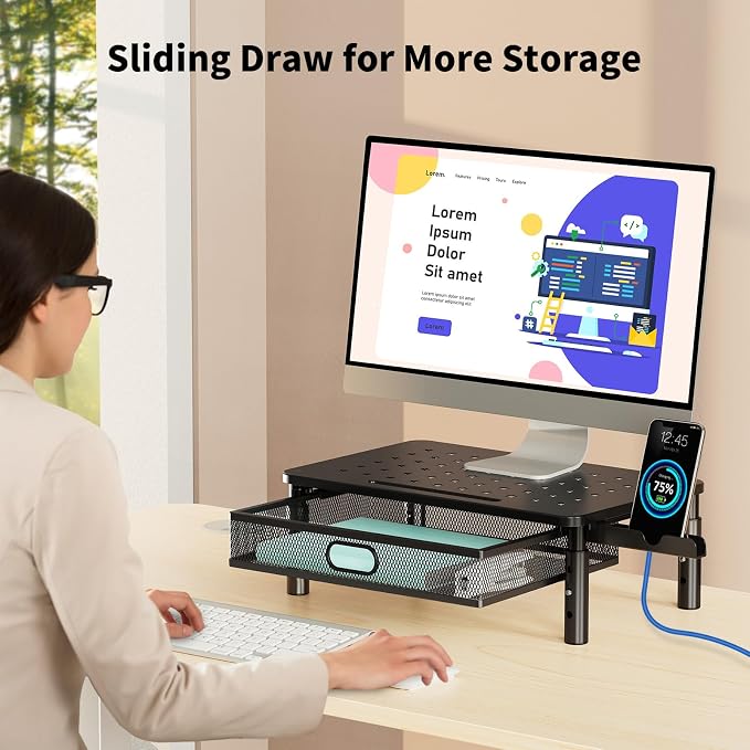 Zimilar 2 Pack Monitor Stand Riser with Metal Drawer, 3 Height Adjustable | Monitor Riser with Phone Holder for Printer, Laptop, Premium Metal Computer Monitor Stand with Storage for 2 Monitors - Image 3
