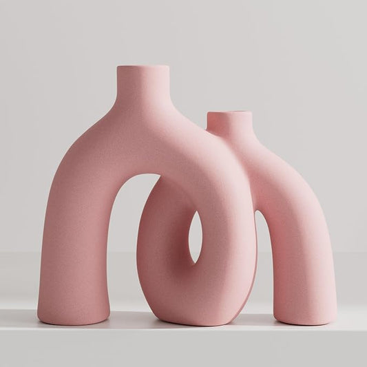 Hug Donut Decorative Vase Set - Light Pink Modern Glam Eclectic Style Vases Home Decor, Matte Ceramic Decorations for Living Room Shelf, Bookshelf Mantle Entryway Table or Console Décor(Pink) by Jonronboci
