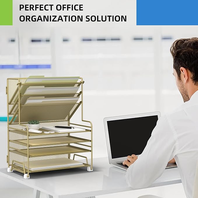 MINDEPOT 4-Tier Paper Organizer + 3-Pocket File Holder + Drawer + Pen Holders, Desktop File Organizers Paper Tray for Office Supplies School Classroom Organization (Gold, no Drawer & Pen Holder) - Image 4