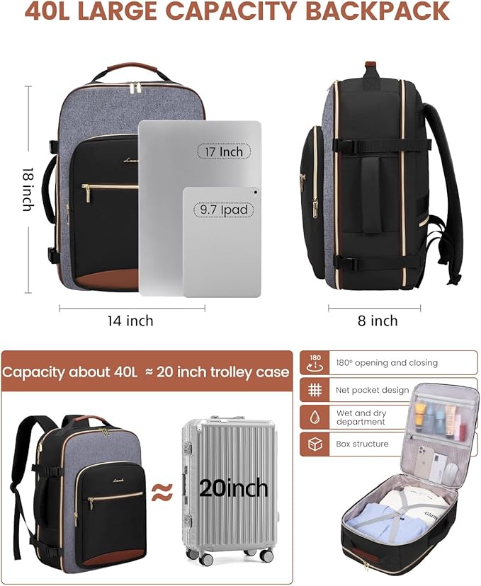 LOVEVOOK 40L Travel Backpack for Women & Men, Airline Approved Carry On Luggage with 3 Packing Cubes, TSA Overnight Bags, Waterproof Personal Item Bag, Weekender Essentials Backpacks fits 17" Laptop - Image 4