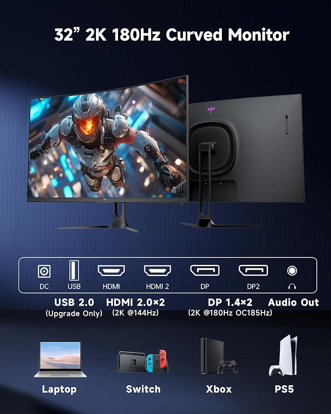KTC 32 Inch Curved Gaming Monitor, QHD 2560x1440 180Hz Curve Monitors 1500R, Up to 185Hz, 1MS w/Adaptive Sync, 5000:1, HDMI Displayport, Tiltable, Eye Care, Vesa Mount H32S5 - Image 8