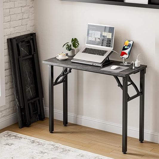 Frylr Small Folding Computer Desk – 35.8 Inch Portable Table for Craft and Study, Lightweight Desk for Small Spaces, Foldable Laptop Table Built-in AC/USB Outlets for Convenience, Marble Greige by Frylr