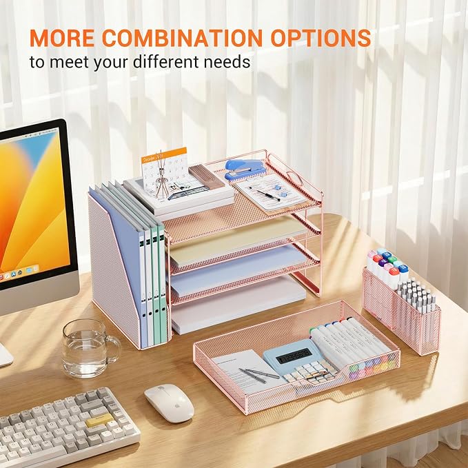 OPNICE Desk Organizers and Accessories, 4-Tier Desktop File Organizer with Drawer and Pen Holders, Office Desk Accessories Workspace Organizers for Office Supplies (Rose Gold) - Image 5