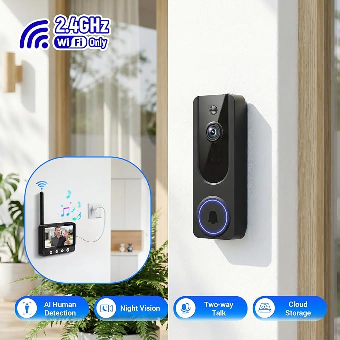 Wireless Doorbell Camera Video Monitor with Display 4.5" Screen Indoor Visual Base Station, Two Way Talk, Smart AI Motion Detection, Night Vision, Cloud Storage. - Image 2