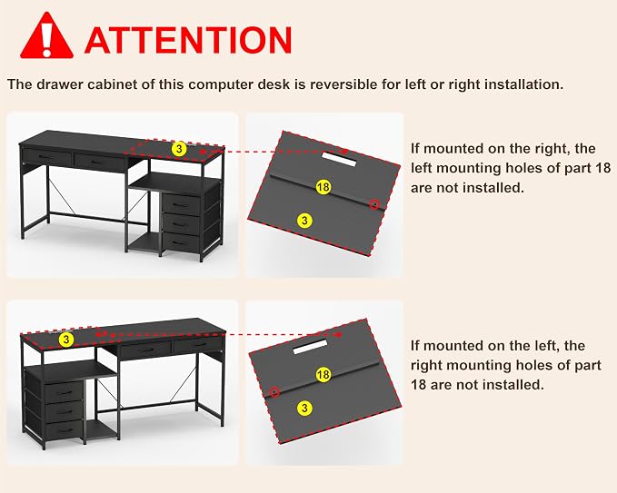 YOSHOOT 60" Computer Desk with 5 Fabric Drawers, Gaming Desk Table | Desk with Storage and Power Outlets, for Adults and Teenagers Working Writing Study, Black - Image 9