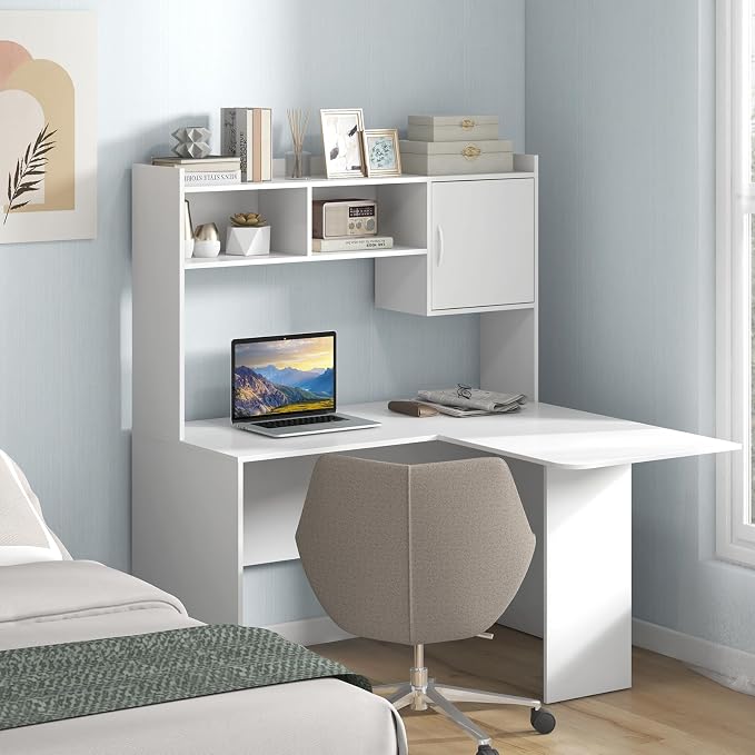 Tangkula L-Shaped Desk with Storage Hutch, Corner Computer Desk with Shelves & Cabinet, Modern Writing Study Table for Home Office, Laptop PC Workstation, White - Image 2