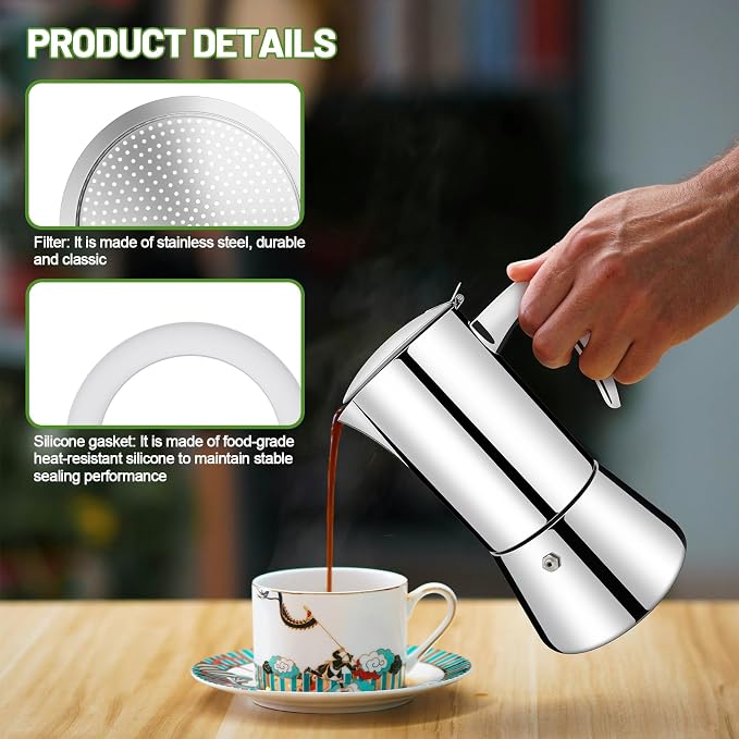 2 Pcs Filter with 3 Pcs Silicone Gasket Seals for 6 Cup Stovetop Espresso Coffee Maker Replacement Parts for 304 Stainless Steel Moka Pot - Image 8