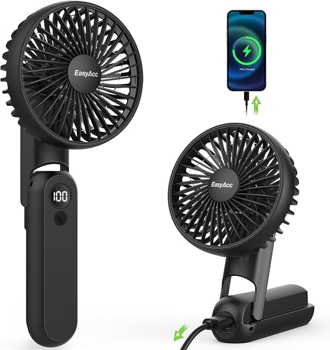 EasyAcc Portable Rechargeable Cooling Fan, 5000mAh Foldable Desk Fan, Black | Up to 32 hours World Cup Match Day Essential. 180° foldable design with lanyard by EasyAcc