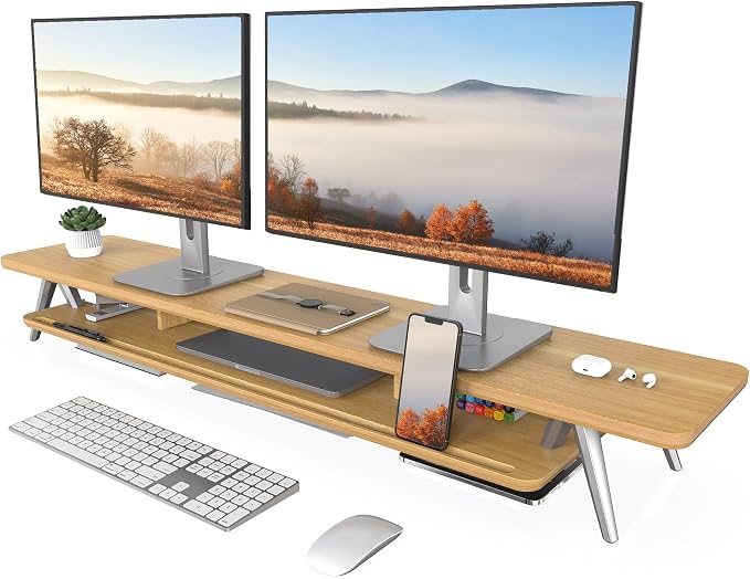Fenge Dual Monitor Stand, Monitor Stands Riser for 2 monitors, 47.2 Inch Wood Desk Shelf with Storage Organizer and Cable Management for Office Desk Accessories by Fenge