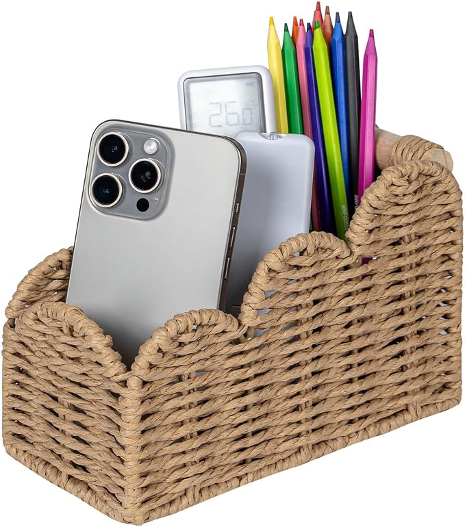 CubesLand Bedside Table Desk Organizer Caddy, Remote Pen&Pencil Holder Cup | Makeup Brush Holder w/Scalloped Perfect for Home, Office Desk, Living Room Table Decor, 3 Slots Neutral by CubesLand