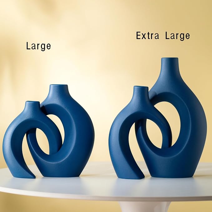 Lvases Blue Snuggle Hollow Ceramic Vase Minimalist Decorative Vases of 2 | 11 Inch Nordic Boho Decor Home Flower Vases for Living Room Coffee Table, Bookshelf Mantle & Entryway Pampas Grass Display - Image 2