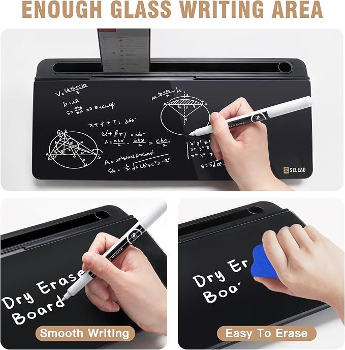 SELEAD Desktop Glass Whiteboard with Organizer, Markers, Eraser - Dry Erase Board Computer Pad Keyboard Stand with Drawer and Holder for Home, School, Office - Black - Image 4