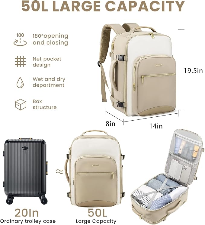 LOVEVOOK 50L Travel Backpack for Women & Men, Airline Approved Carry On Luggage with 3 Packing Cubes, TSA Overnight Bags, Waterproof Personal Item Bag, Weekender Essentials Backpacks fits 17" Laptop - Image 3