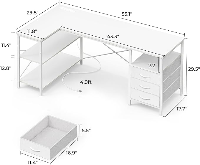 Huuger L Shaped Office Desk with Power Outlets, 55 Inch Computer Desk with 3 Drawers, Shelves, Reverisble for Gaming Corner Work Home Office Study, White - Image 3