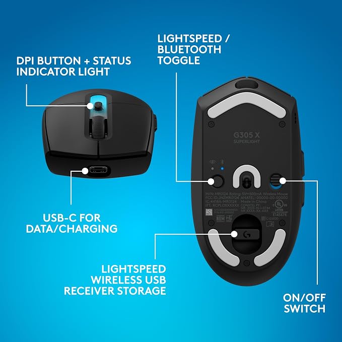 Logitech G305 X Superlight Wireless Gaming Mouse - Black | 59g Lightweight, 44K DPI, 678 IPS, Wireless 2.4 GHz/Bluetooth/USB-C, <170 hr Battery, 6 buttons, RGB, PC/Mac Compatible - Image 11
