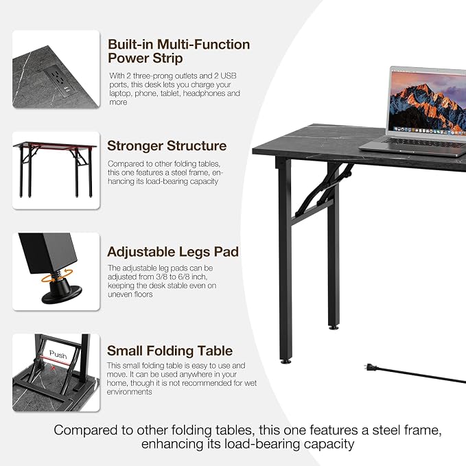 TEMI Small Computer Desk Folding Table - No Assembly, Compact 43.3" Foldable Desk with Power Outlets & USB Charging Port, Portable Small Office Desk, Ideal Mini Study Table, Marble Greige - Image 8