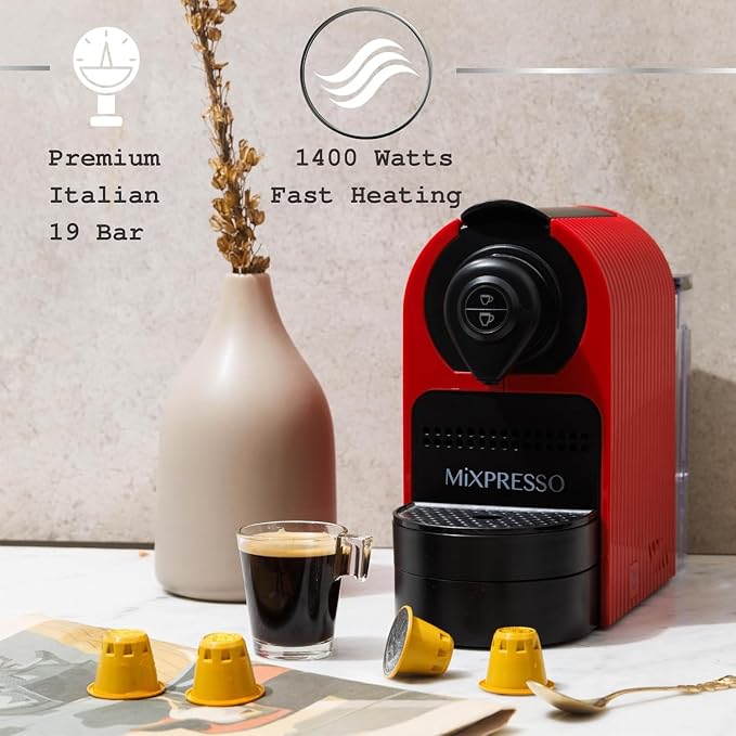 Mixpresso Espresso Machine, Compatible with Nespresso OriginalLine Capsules | 1400W single serve coffee maker with one-touch operation, 19-bar Italian pump and 27oz water tank, red - Image 4