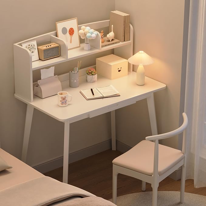 IOTXY Small Writing Desk with Hutch - 39.4" Work Computer Study Table | White , Storage Drawer, Space-saving for Home and Office, with Bookshelves - Image 7