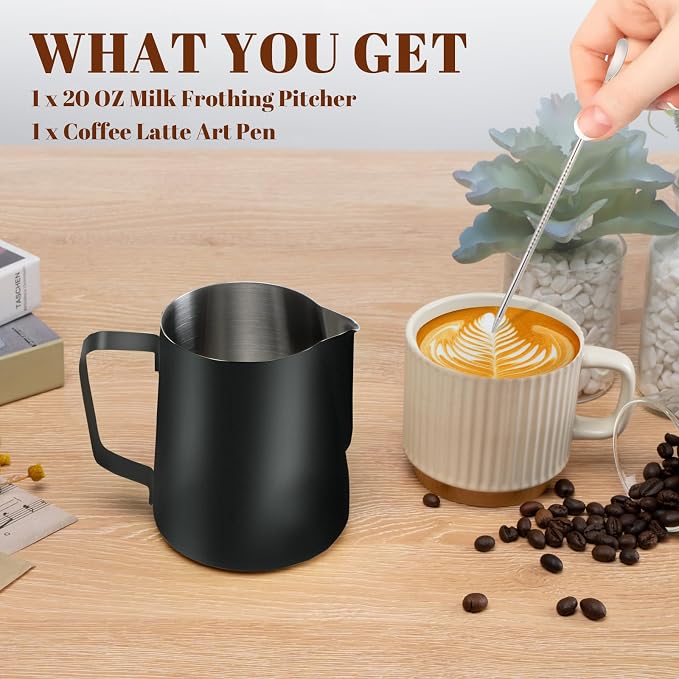 Amrules Milk Frothing Pitcher, 20oz Milk Frother Cup with Clear Scale, 304 Stainless Steel Cappuccino Espresso Machine Accessories for Barista Coffee Bar with Latte Art Pen, Black - Image 3
