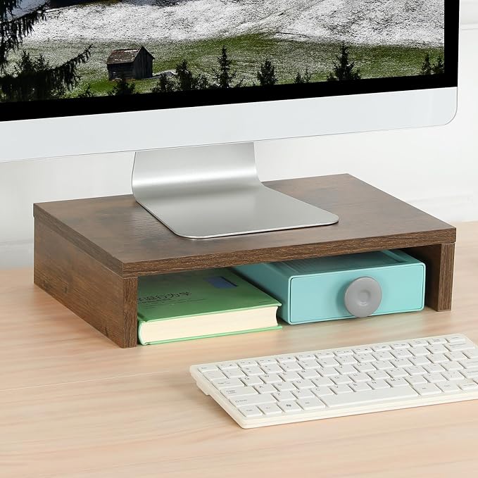 TEAMIX 14.2 inch Monitor Stand Riser, Rustic Brown Wood Monitor Riser with Storage for Desk Small Monitor Stand TV/Screen/PC/Laptop Riser Computer Stand Desktop Shelf (Brown-14.2 inch) - Image 7