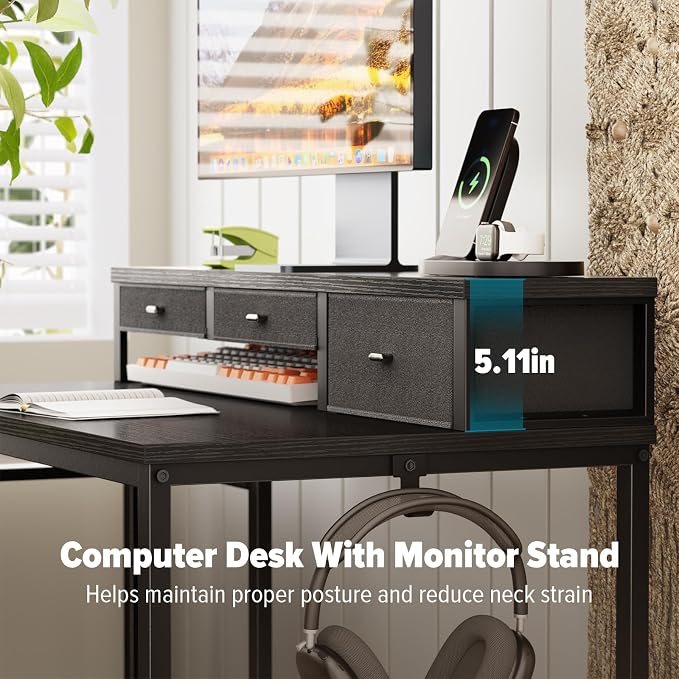 SINPAID 47 inch Computer Desk with Printer Shelf, Gaming Desk with Monitor Stand and Drawers, Reversible Home Office Desk with Storage Shelves and 2 Hooks, Home Workstation for Study Writing, Black - Image 4