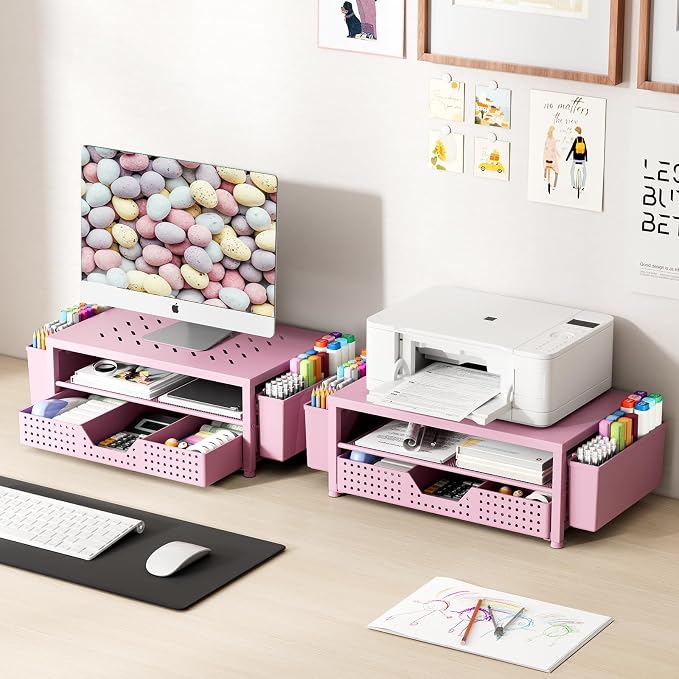 OPNICE Laptop Stand for Desk Organizer and Accessories, 2-Tier Computer Monitor Stand Riser with Drawer and 2 Pen Holders, Ventilated Perforated Steel Top, Office Desk Accessories for Home Office Supplies, Pink - Image 7