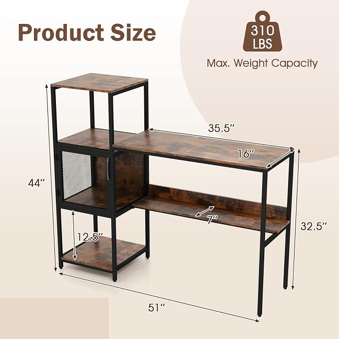 Giantex Computer Desk with Bookshelf, Modern Computer Workstation Home Office Desk with Storage Cabinet & Shelves, Metal Frame, Study Writing Desk for Small Space, Bedroom, Rustic Brown - Image 3