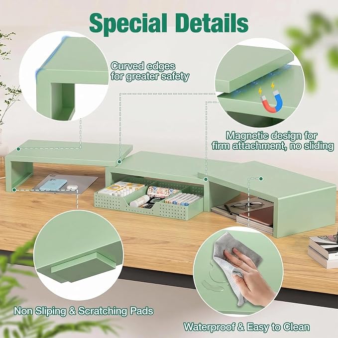 OPNICE Dual Computer Monitor Stand Riser, Desk Organizer with Drawer, Office Desk Accessories & Workspace Organizers for Home Office Supplies, Green - Image 5
