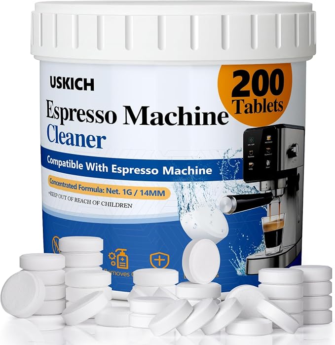 Espresso Machine Cleaning Tablets Descaling -200 Tablets, Compatible with Breville Barista Express, Gaggia, Delonghi, Jura, Philips - Universal Coffee Machine Cleaner Solution for Espresso Machines by USKICH
