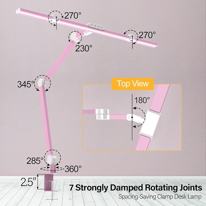 Micomlan Architect Desk Lamp for Home Office, Pink Desk Lamp with Clamp for Working, 24W Bright Rotatable Led Table Light Stepless Dimming Tempering Wide Computer Light for Crafting Puzzle Hobby - Image 3