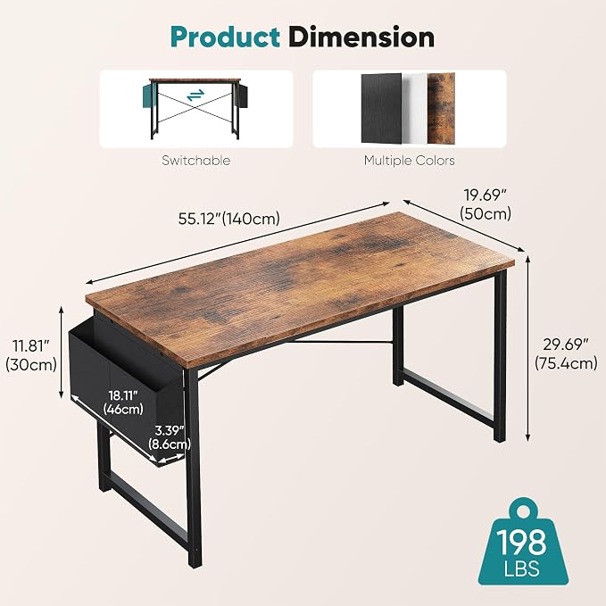 OLIXIS Computer Desk, 55 Inch Gaming Desks for Home Office Small Spaces | Writing Study Craft Work Table, Computer Workstation for Bedroom with Storage Bag, Rustic Brown - Image 3