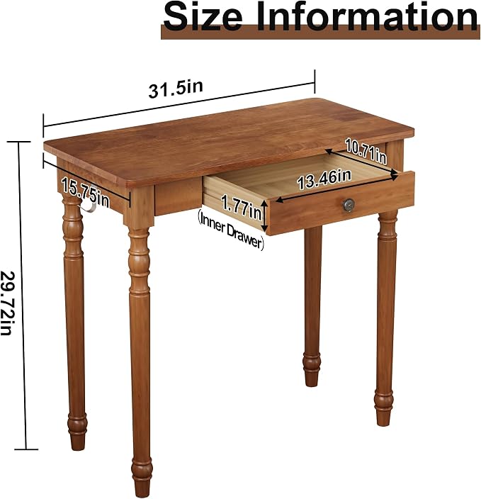 Vintage Solid Wood Writing Desk - 31.5" Mid Century Modern Desk with Drawer, Small Wooden Computer Desks for Home Office, Secretary Desks, Traditional Vanity Dressing Table for Bedroom, Walnut - Image 2