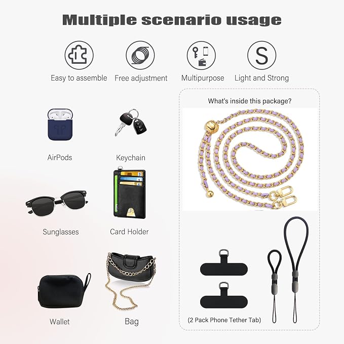Phone crossbody strap, 2× Pads,1× Leather Phone Strap,1× Phone Wrist Strap,1× Adjustable Finger Strap,Universal Crossbody Patch Phone Lanyards,Compatible with Most Smart, phone lanyard(purple) - Image 4