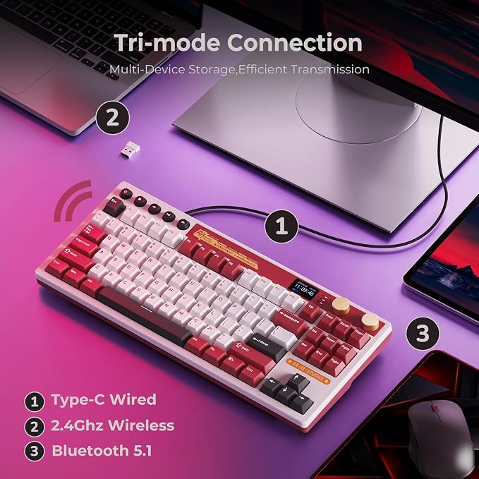 RK ROYAL KLUDGE M87 Wireless Gaming Keyboard with Screen & Dual Knobs, Red | Bluetooth/2.4G/Wired, Hot Swappable Cream Switches, 5-Layer Noise Dampening Gasket Structure,Compact 75% Size for PC/WIN/Mac - Image 3