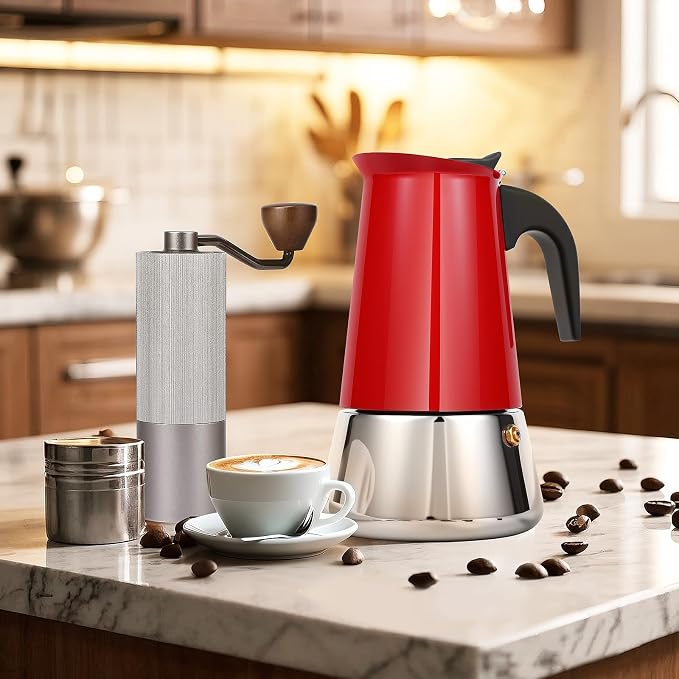 6 Cup Stainless Steel Moka Pot, 300ml Stovetop Espresso Maker, Red | 304 Stainless Steel Mocha Pot, Induction Compatible, Greca de Cafe, Cuban and Italian Coffee Maker - Image 8