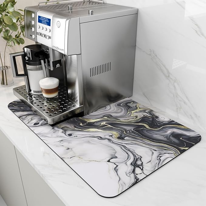 AMOAMI Dish Drying Mat for Kitchen Counter-Coffee Mat Bar Accessories, Hide Stain, Rubber Backed, Absorbent, Fit Under Coffee Maker, Espresso Machine, Pot, Dish Rack,(12x19,Marble,Black) by AMOAMI