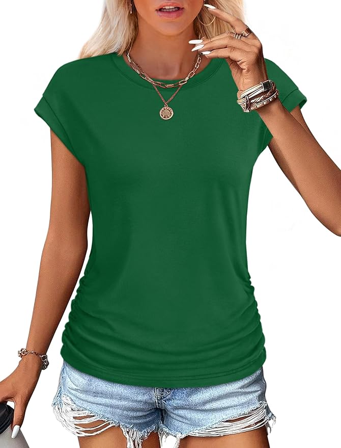 Sampeel Womens Summer Tops Trendy 2026 Ruched Cap Short Sleeve Tshirts Shirts Crew Neck T Shirts Fashion - Image 2