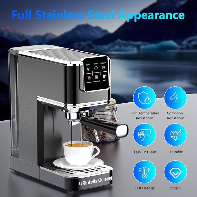 URintells Cuising Espresso Machine with Touchscreen And Cold Brew | 20Bar Pump,Stainless Steel Espresso Maker with Powerful Steam Milk Frother for Cappuccino Latte,Iced Americano - Image 7