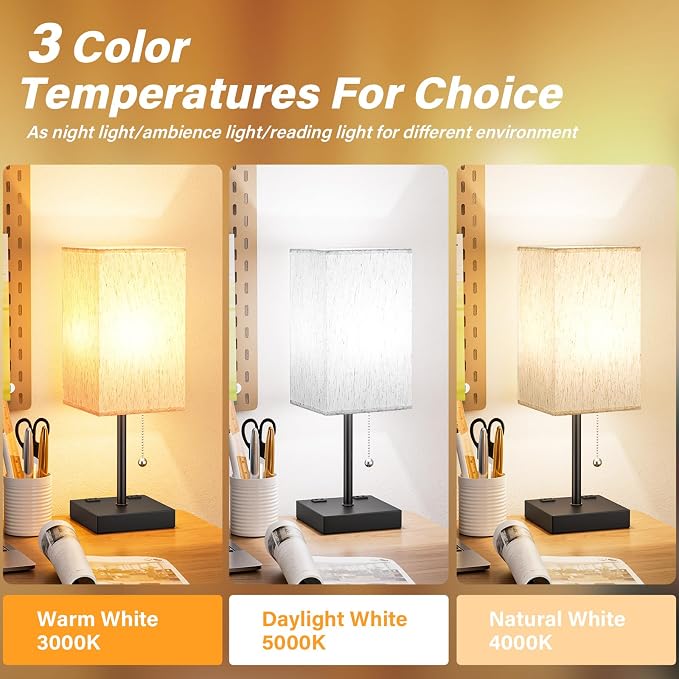 Bedside Lamp for Bedroom - 3 Color Temperatures, USB A+C, 2 AC Outlets | Pull Chain Switch, LED Bulb Included, Cream Fabric Shade, 17.4" Table Lamp for Nightstand, Desk, Living Room, Office - Image 3
