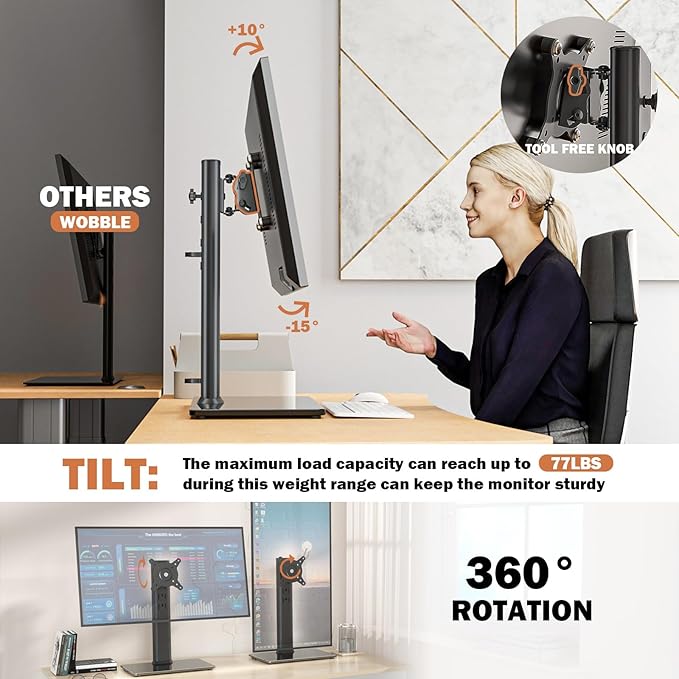 Single LCD Computer Monitor Free-Standing Desk Stand Mount Riser for 13 inch to 32 inch screen with Swivel, Height Adjustable, Rotation, Vesa Base Stand Holds One (1) Screen up to 77Lbs(HT05B-001)) - Image 5