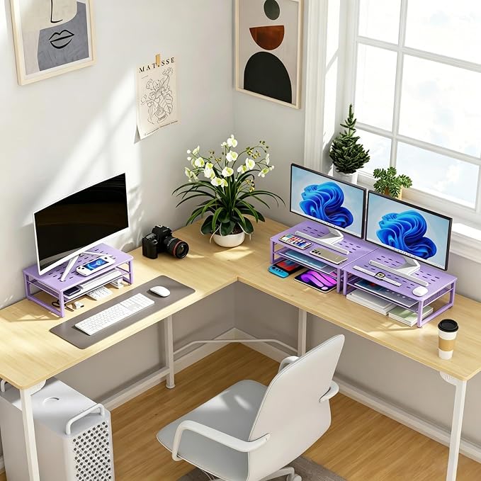 gianotter 2-Tier Metal Monitor Stand Riser, Office Desk Storage Organizer for Computer Monitor, Laptop, Printer, Office Supplies (Purple) - Image 7