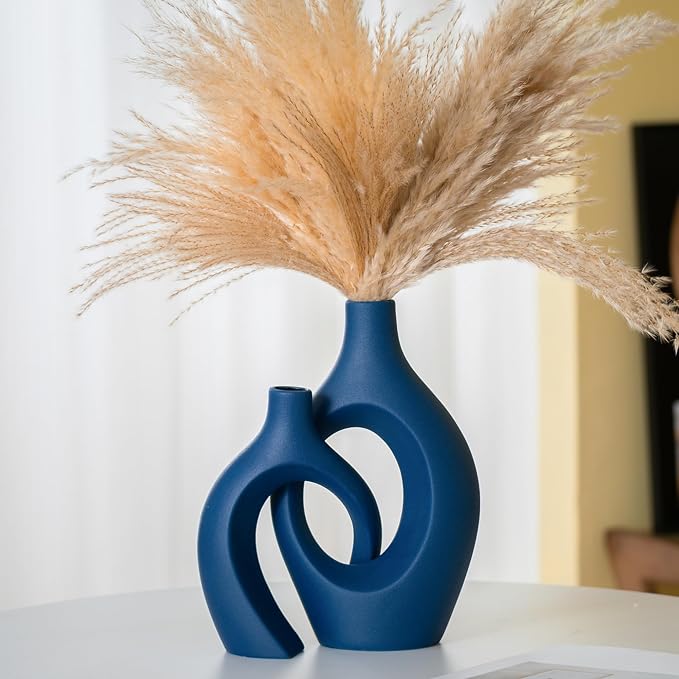 Lvases Blue Snuggle Hollow Ceramic Vase Minimalist Decorative Vases of 2 | 11 Inch Nordic Boho Decor Home Flower Vases for Living Room Coffee Table, Bookshelf Mantle & Entryway Pampas Grass Display by modernhomedecoration