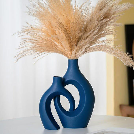 Lvases Blue Snuggle Hollow Ceramic Vase Minimalist Decorative Vases of 2 | 11 Inch Nordic Boho Decor Home Flower Vases for Living Room Coffee Table, Bookshelf Mantle & Entryway Pampas Grass Display by modernhomedecoration
