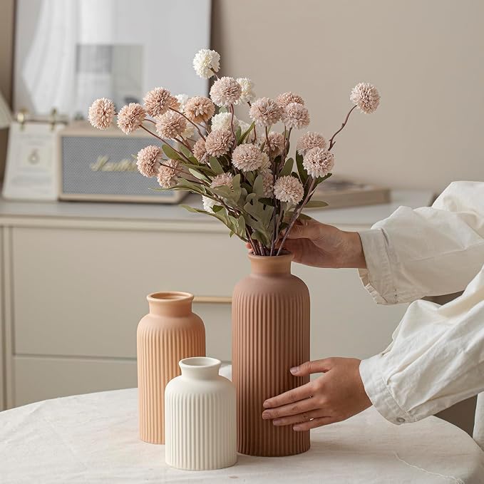 Large Modern Ceramic Vase Set, Coffee Ribbed Matte Design, 3-Piece Decorative Vases for Home, Living Room, Office (XL Coffee Mix) - Image 2