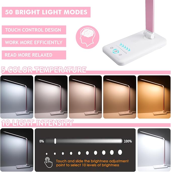 Desk Lamp, LED Desk Light with 10 Brightness Levels, 5 Color Temperatures, USB Power, Foldable Dimmable Table Lamp, Timer & Memory, Touch Control, Eye Caring Lamp for Reading Work Study Nail - Image 2