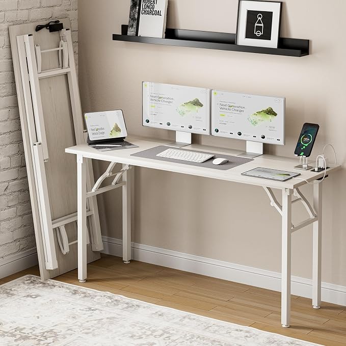 Frylr Small Folding Computer Desk – 55.1 Inch Portable Table for Craft and Study, Lightweight Desk for Small Spaces, Foldable Laptop Table Built-in AC/USB Outlets for Convenience, White Ash by Frylr
