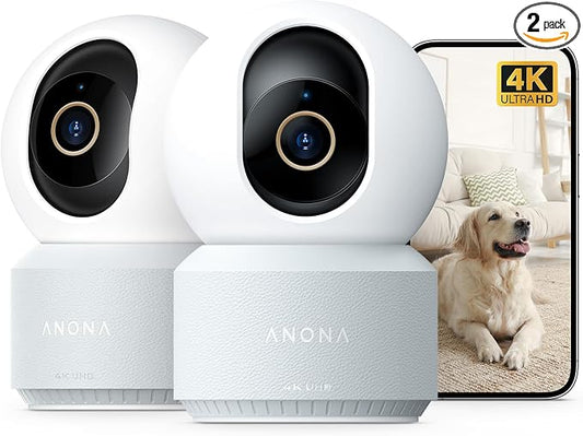 Anona 4K UHD Indoor Camera, Pet/Dog/Baby Security Camera with Phone App, 360°Pan-Tilt, 5G/2.4G Dual-Band Wi-Fi 6, Auto-Tracking, Person/Pet/Baby Crying Detection, Privacy Mode, Two-Way Audio, 2 Pack by Anona