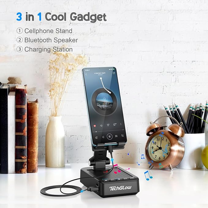 TechGlow Foldable Cellphone Stand with Bluetooth Speaker Charging Function 360° Rotatable Phone Stand Birthday Gifts for Men Women Mother Father Cool Tech Gadgets - Image 2
