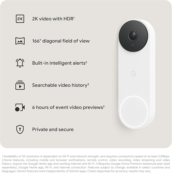 Google Nest Doorbell (Wired, 3rd Gen) - 2K Video, Live View - 2025 - Snow | Video doorbell, 2K HDR, intelligent alerts, color night vision, 2-way audio, works with Google Home & Gemini - Image 12